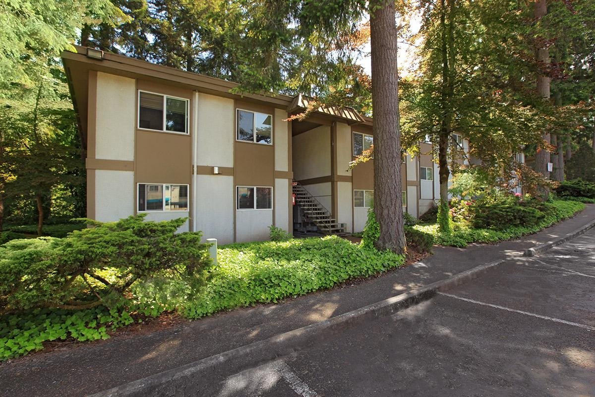 A building with a brown and white exterior is surrounded by trees and bushes.